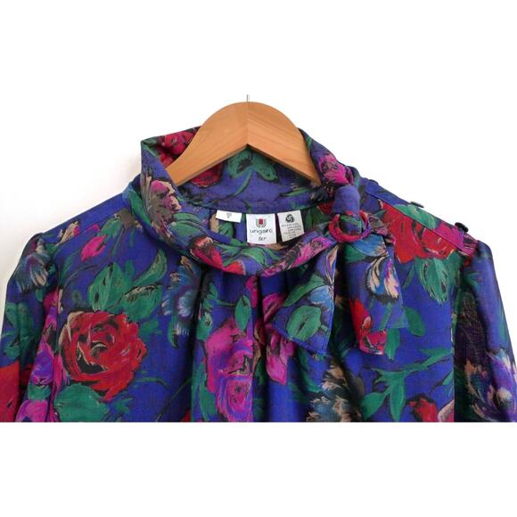 EMANUEL UNGARO TER Vintage 80s Wool Floral Tie Neck Secretary Blouse Top 6 - Picture 7 of 11